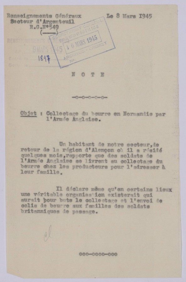 Note des RG sur le collectage du beurre en Normandie